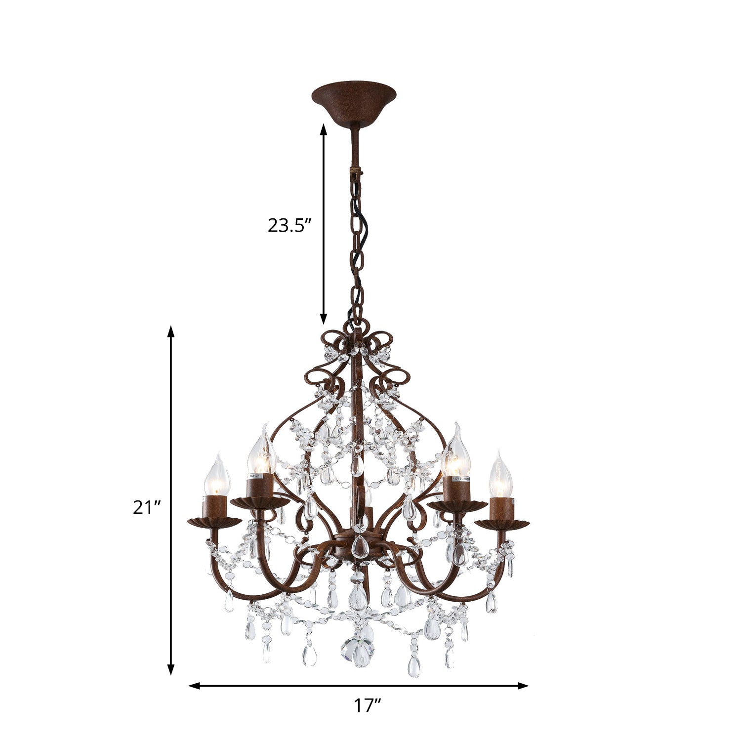 Antique Style Candle Pendant Lamp with Clear Crystal Strand 5 Lights Chandelier Light in Dark Rust for Foyer