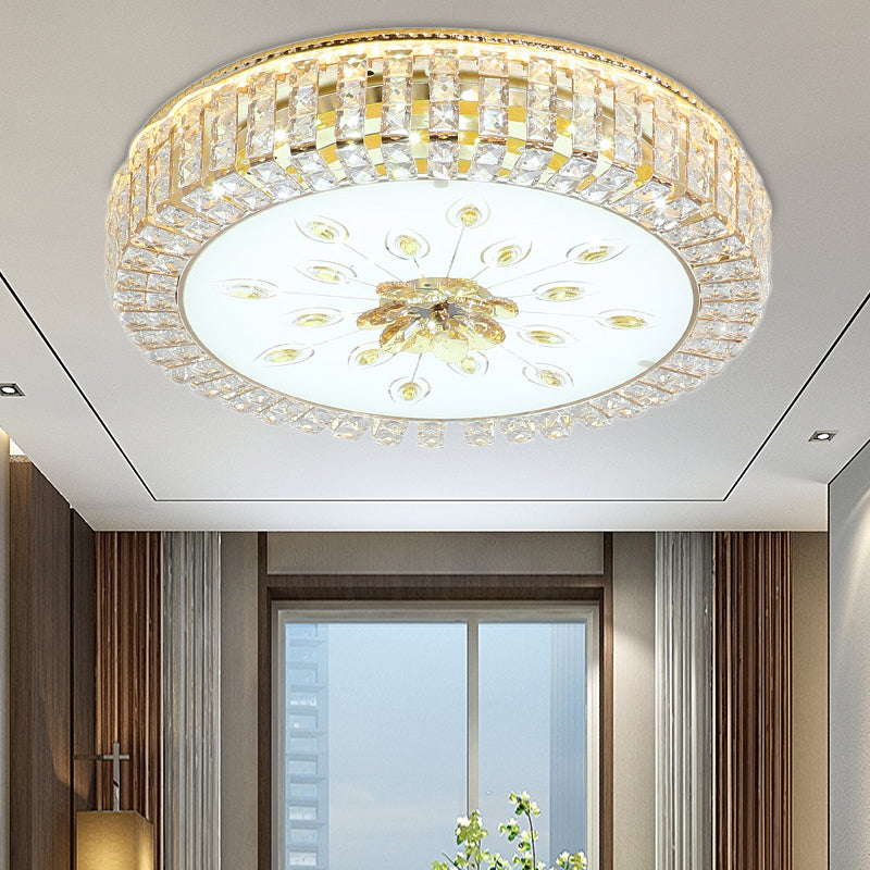 16"/19.5" Dia Circle Flush Mount Fixture Bedroom LED Modern Clear Crystal Flush Lamp with Frosted Glass Diffuser in Gold