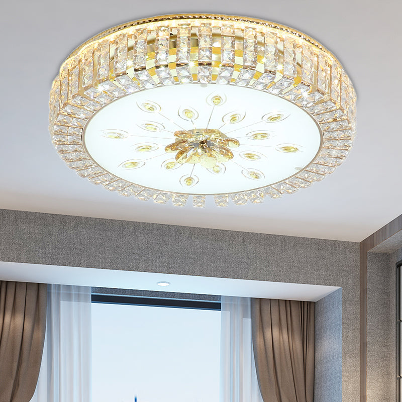 16"/19.5" Dia Circle Flush Mount Fixture Bedroom LED Modern Clear Crystal Flush Lamp with Frosted Glass Diffuser in Gold