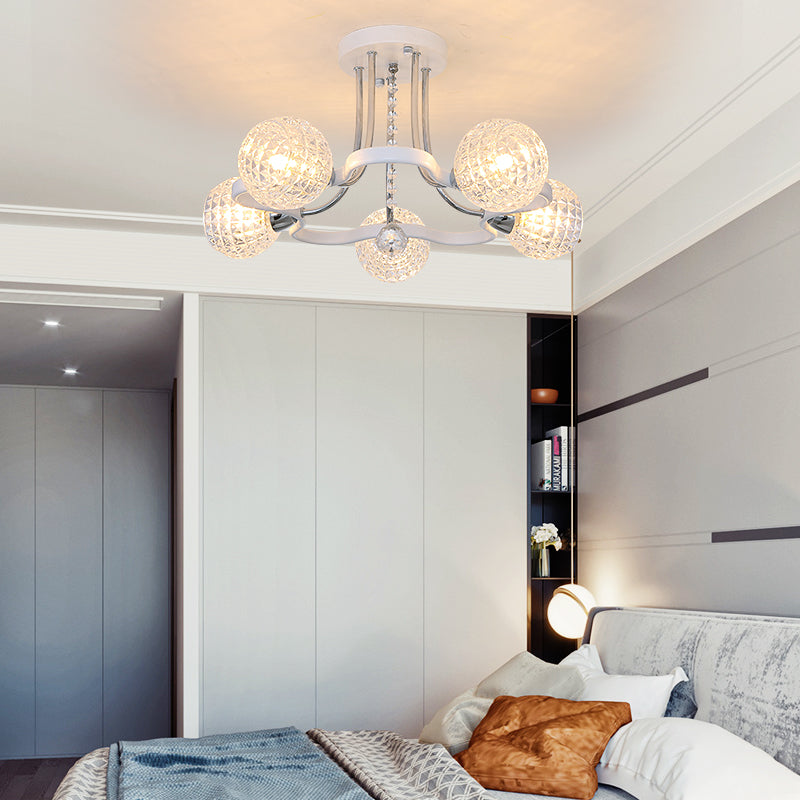 3/5 Lights Ball Semi-Flush Mount Light with Lattice Glass Shade and Crystal Drop Modern Ceiling Light in White