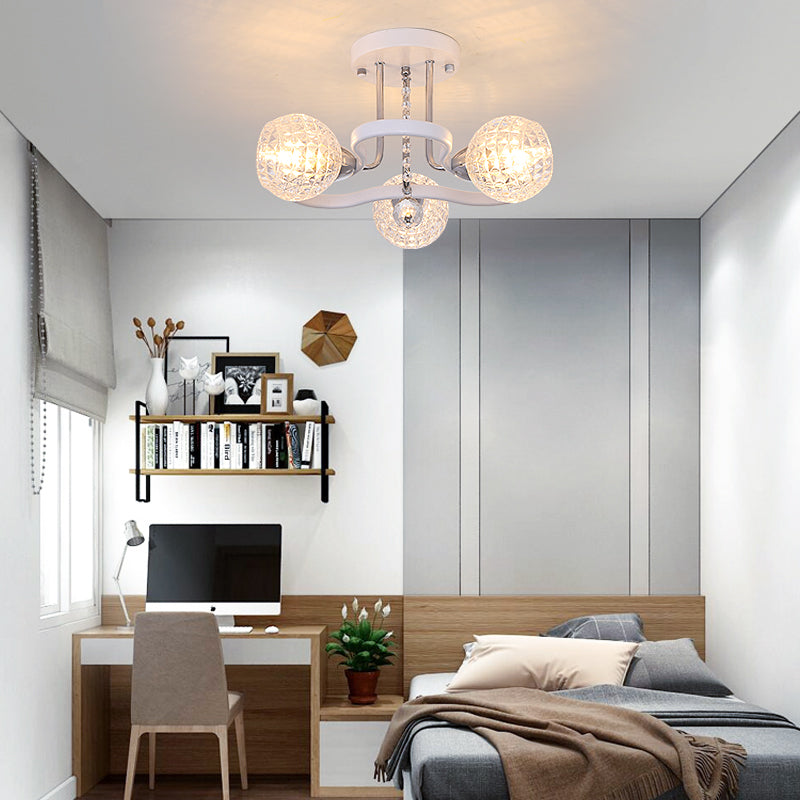 3/5 Lights Ball Semi-Flush Mount Light with Lattice Glass Shade and Crystal Drop Modern Ceiling Light in White