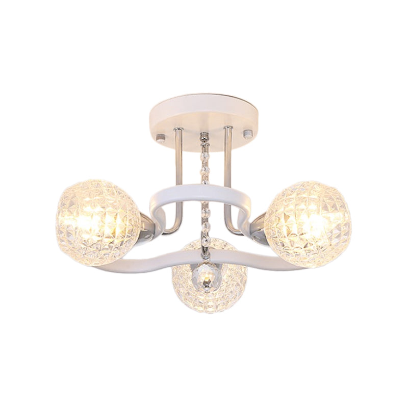 3/5 Lights Ball Semi-Flush Mount Light with Lattice Glass Shade and Crystal Drop Modern Ceiling Light in White