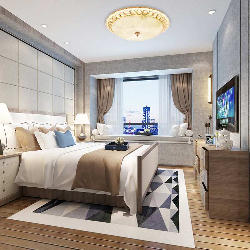 Lámpara de montaje empotrado con cuenco de vidrio texturizado, moderna lámpara de techo LED empotrada con detalles de cristal transparente en dorado, 12"/16" de ancho