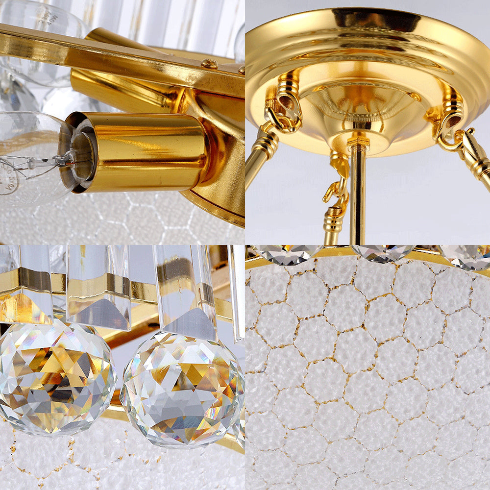Drum Semi Mount Lighting Vintage Metal and Clear Crystal Ceiling Lighting with Milk Glass Diffuser in Gold
