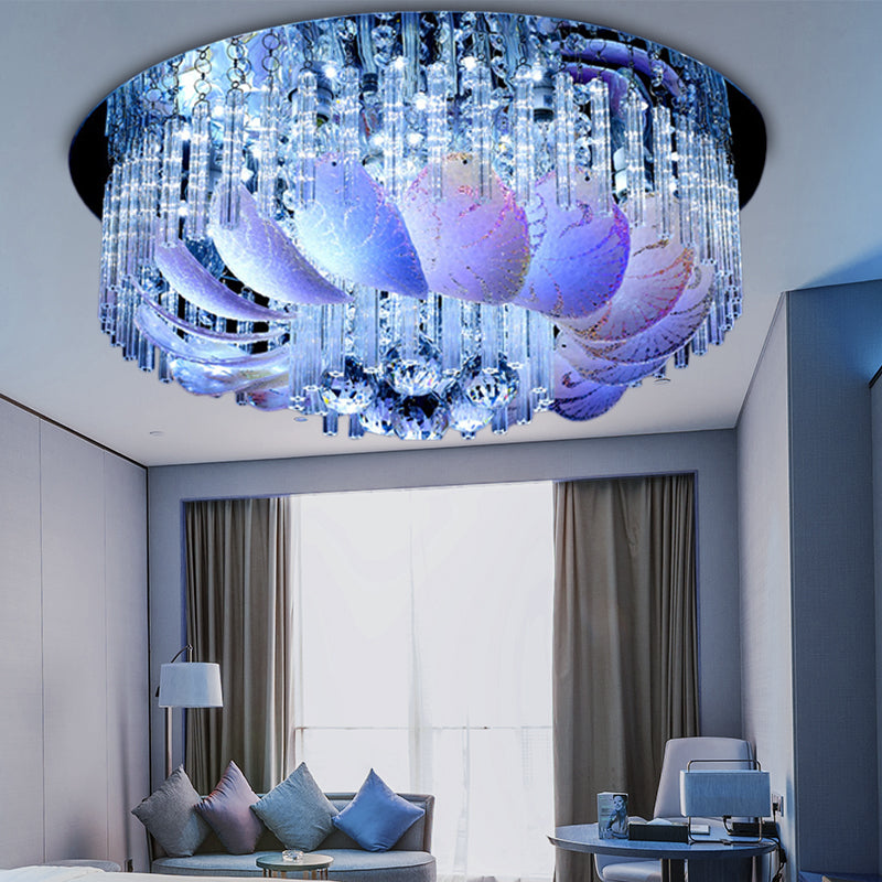 Clear Crystal Circle Flush Light Fixture Modern 19.5"/23.5"/31.5" W LED Flushmount Lighting with Leaf Glass Decoration