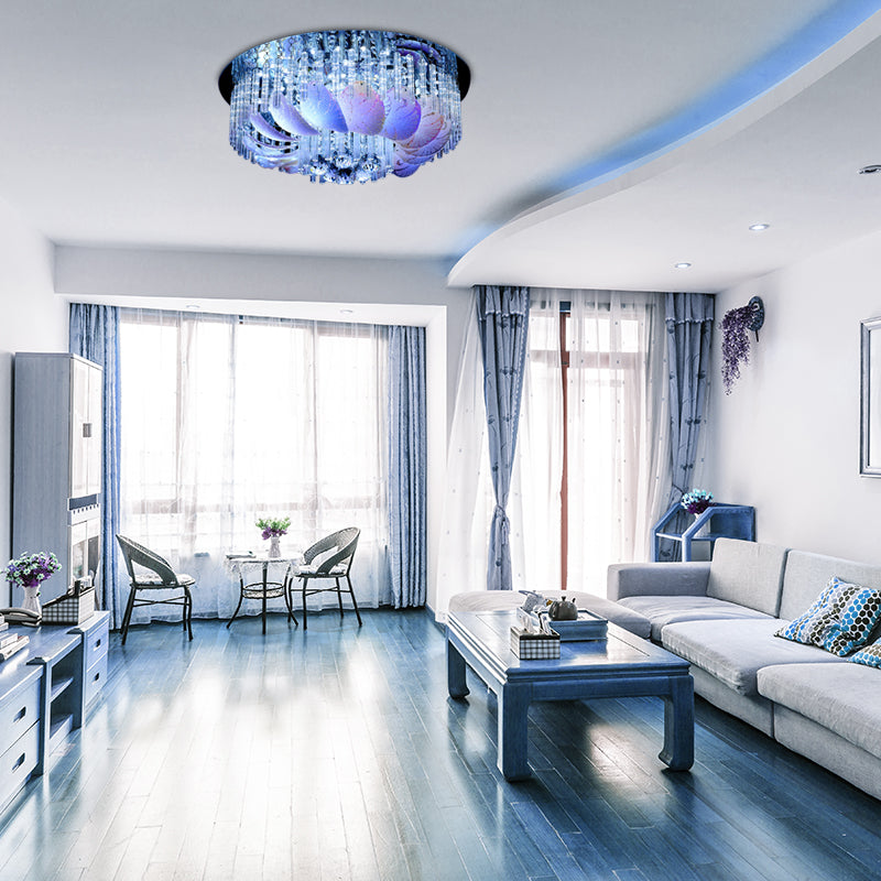 Clear Crystal Circle Flush Light Fixture Modern 19.5"/23.5"/31.5" W LED Flushmount Lighting with Leaf Glass Decoration