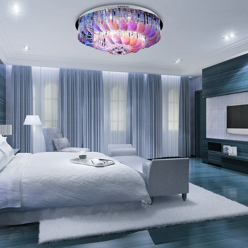 Clear Crystal Circle Flush Light Fixture Modern 19.5"/23.5"/31.5" W LED Flushmount Lighting with Leaf Glass Decoration