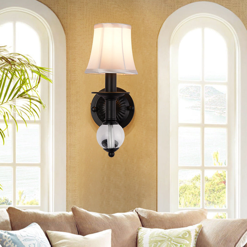White Fabric Bell Wall Sconce Contemporary 1 Light Wall Lamp with Crystal Ball and Straight Arm in Black