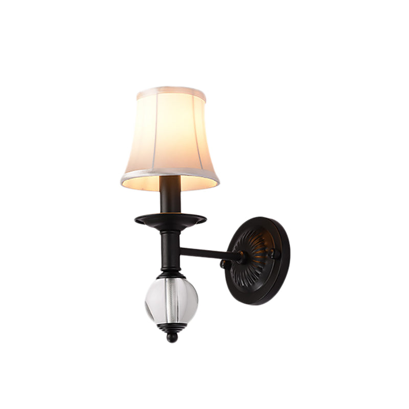 White Fabric Bell Wall Sconce Contemporary 1 Light Wall Lamp with Crystal Ball and Straight Arm in Black