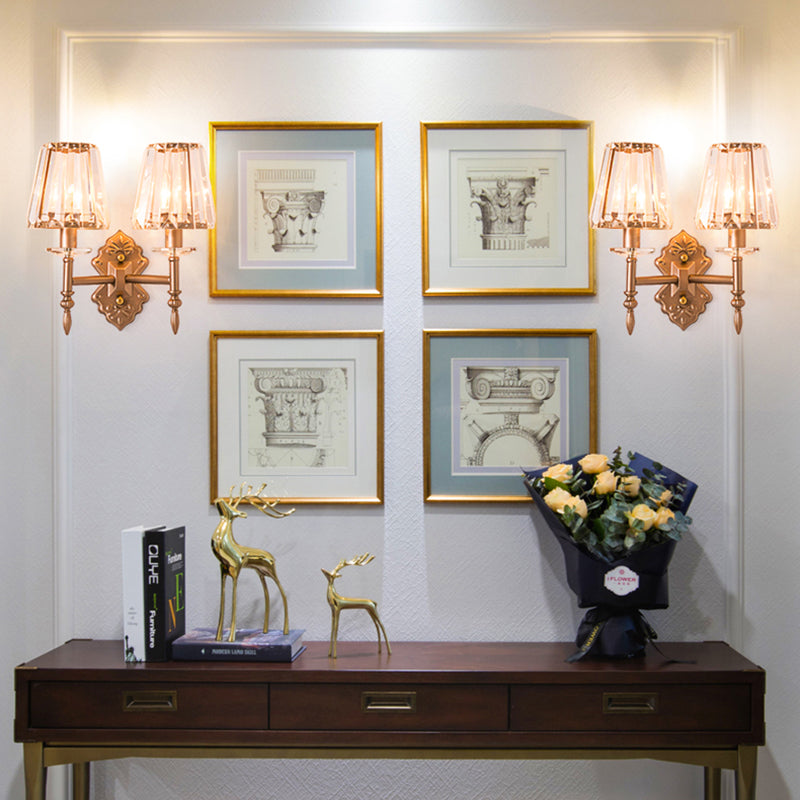 Luz de la pared de cristal facetada con sombra de cono modernista 1/2 luces de pared en cobre para dormitorio