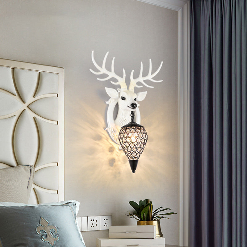 Brown/White Elk Wall Light Lodge Style Resin 1 Light Wall Mounted Light with Crystal Lantern Shade for Bedroom
