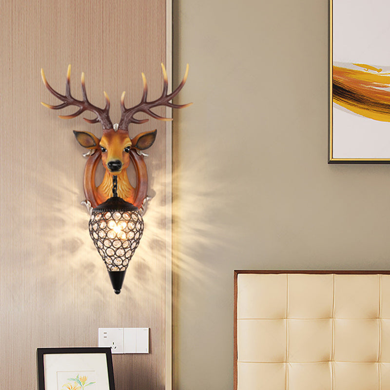 Brown/White Elk Wall Light Lodge Style Resin 1 Light Wall Mounted Light with Crystal Lantern Shade for Bedroom