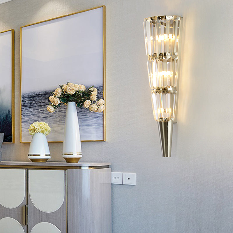 Living Room Tiered Wall Light Fixture with  Crystal Block Modern Style LED Wall Lamp in Nickel Finish, 6"/8.5" Width