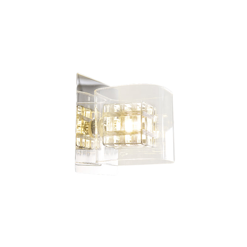 Clear Glass Squared Wall Sconce Contemporary 1 Light Wall Lamp with Inner Wire Shade in Chrome for Corridor