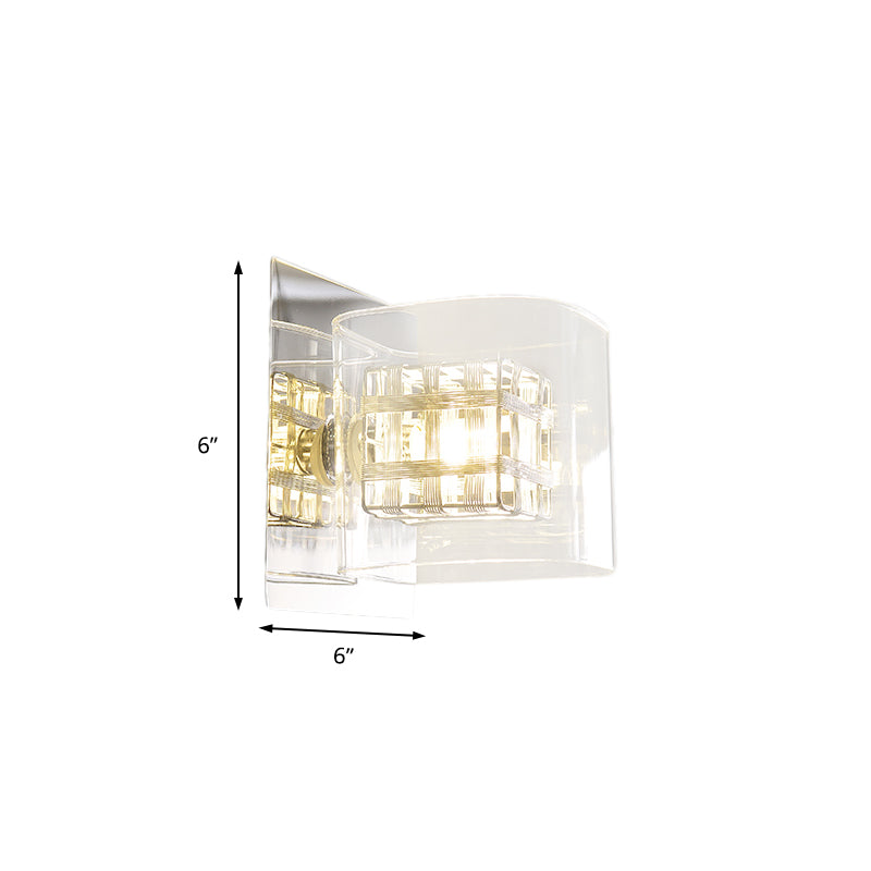 Clear Glass Squared Wall Sconce Contemporary 1 Light Wall Lamp with Inner Wire Shade in Chrome for Corridor