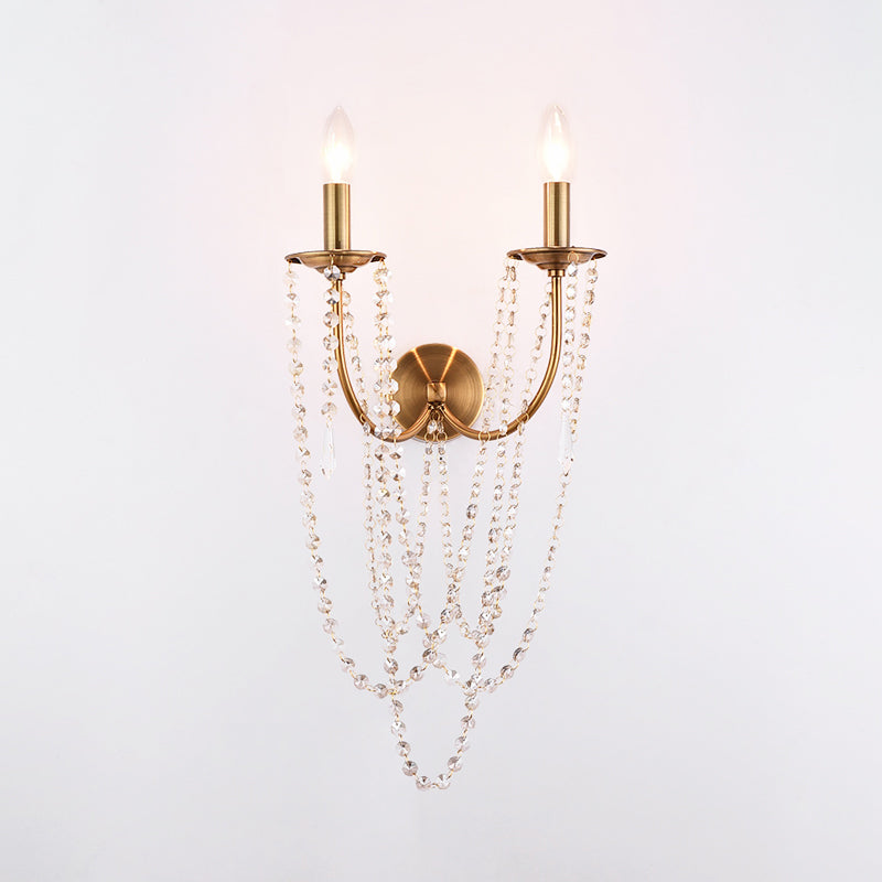 Bare Bulb Wall Sconce French Country Metal 2 Lights Wall Light Fixture with Crystal Beaded Strand in Gold