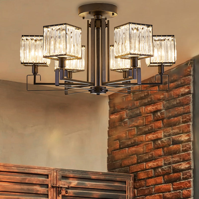 Illuminazione semifulta quadrata nera 4/6/8 luci in stile vintage lampada a soffitto in metallo con prisma di cristallo per camera da letto