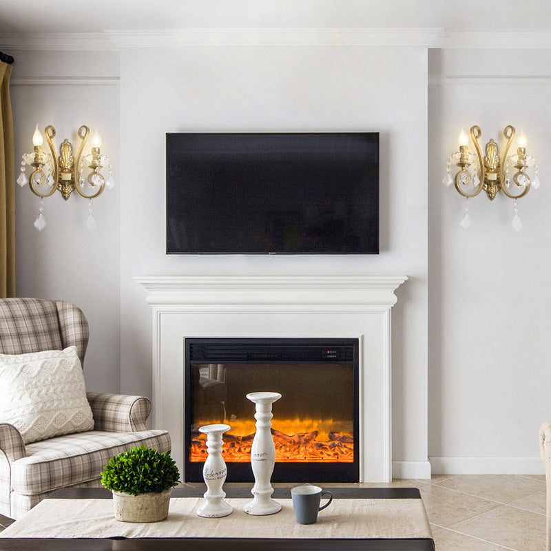 Vlameloze kaarslandverlichting Vintage metaal 2 koppen Wand SCONCE Licht met kristaldeco en gebogen arm in messing