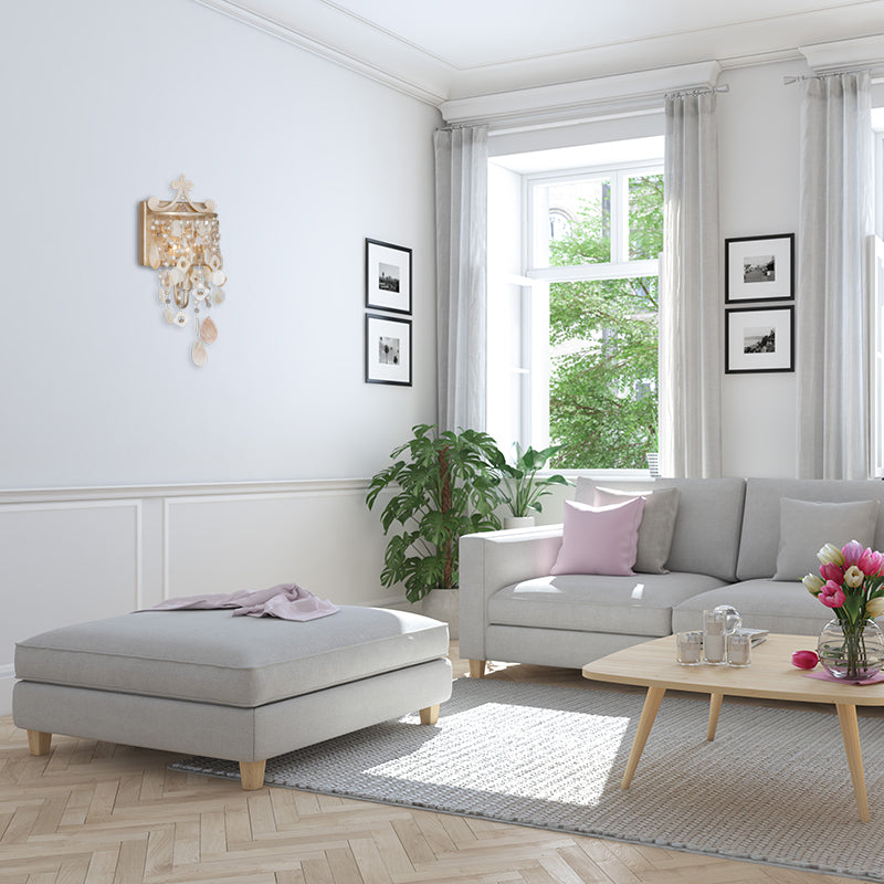 Linear Wall Mount Lamp Modern Style Shell and Crystal 1/3-Light Sconce Light Fixture with Pearl Deco in Gold