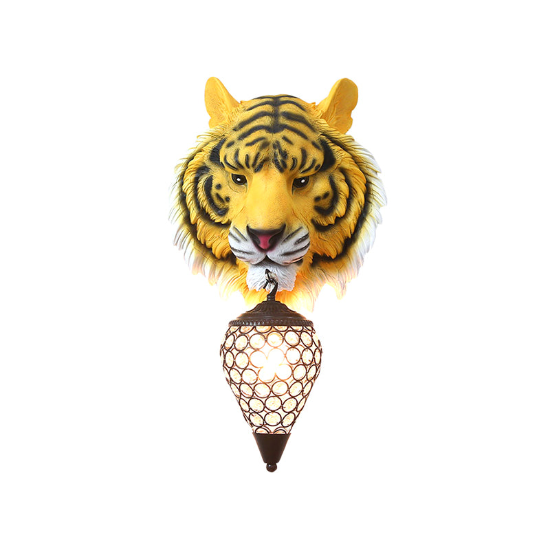 Yellow/Gray Tiger Sconce Lighting Country Style Resin 1 Bulb Wall Lamp with Clear Crystal Shade for Children Room