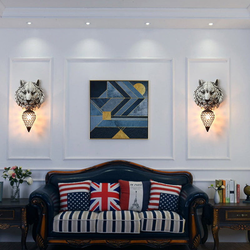 Yellow/Gray Tiger Sconce Lighting Country Style Resin 1 Bulb Wall Lamp with Clear Crystal Shade for Children Room