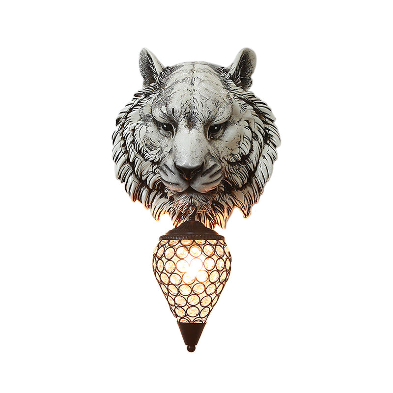 Yellow/Gray Tiger Sconce Lighting Country Style Resin 1 Bulb Wall Lamp with Clear Crystal Shade for Children Room
