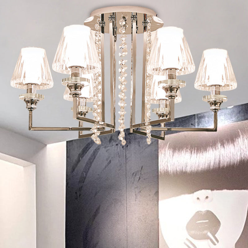 Salon conique lampe de plafond métal et cristal clair finition chromée moderne 6/8/10 têtes semi-mont Light