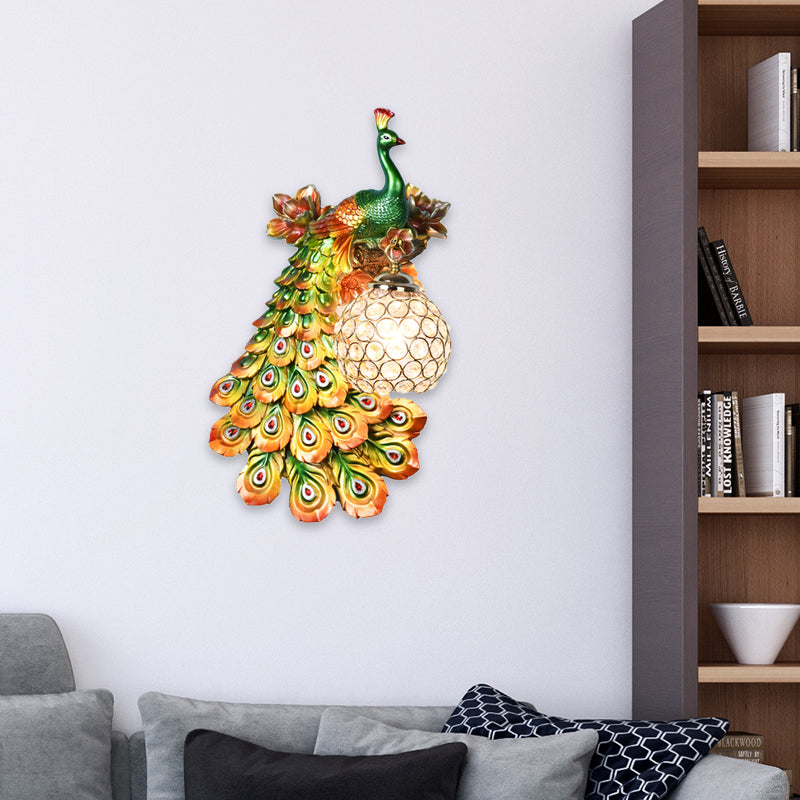 Blue/White Peacock Wall Mounted Light 1 Light Loft Style Resin 1/2-Pack Wall Lamp with Dome Crystal Shade, Double/Right/Left