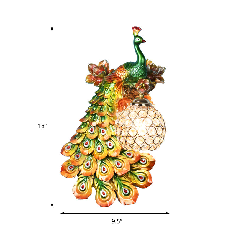 Blue/White Peacock Wall Mounted Light 1 Light Loft Style Resin 1/2-Pack Wall Lamp with Dome Crystal Shade, Double/Right/Left