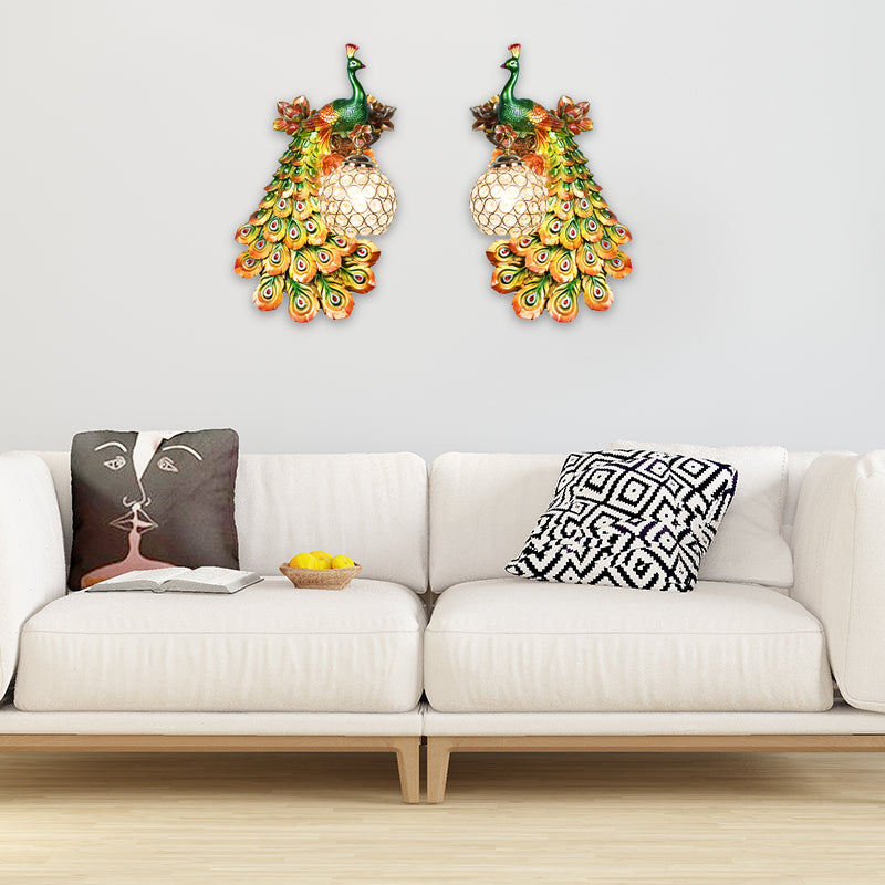 Blue/White Peacock Wall Mounted Light 1 Light Loft Style Resin 1/2-Pack Wall Lamp with Dome Crystal Shade, Double/Right/Left