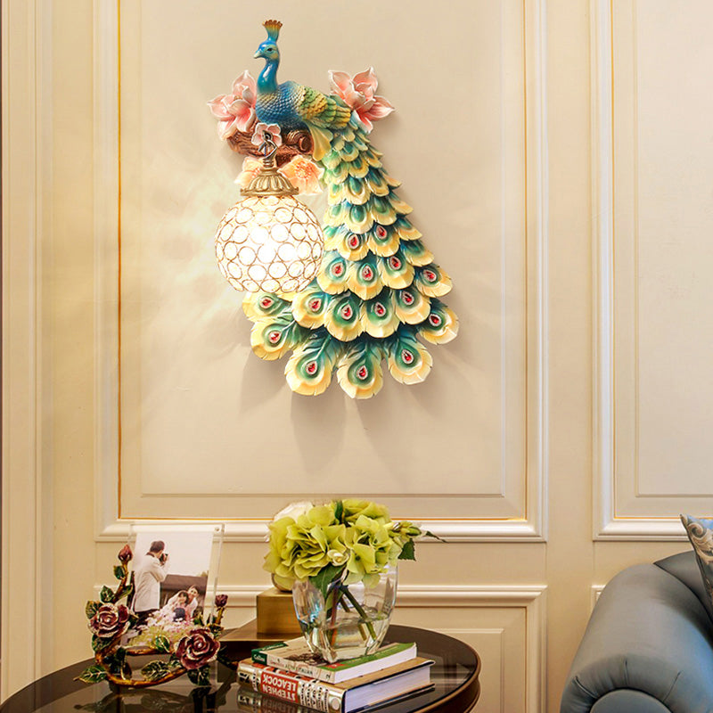 Blue/White Peacock Wall Mounted Light 1 Light Loft Style Resin 1/2-Pack Wall Lamp with Dome Crystal Shade, Double/Right/Left