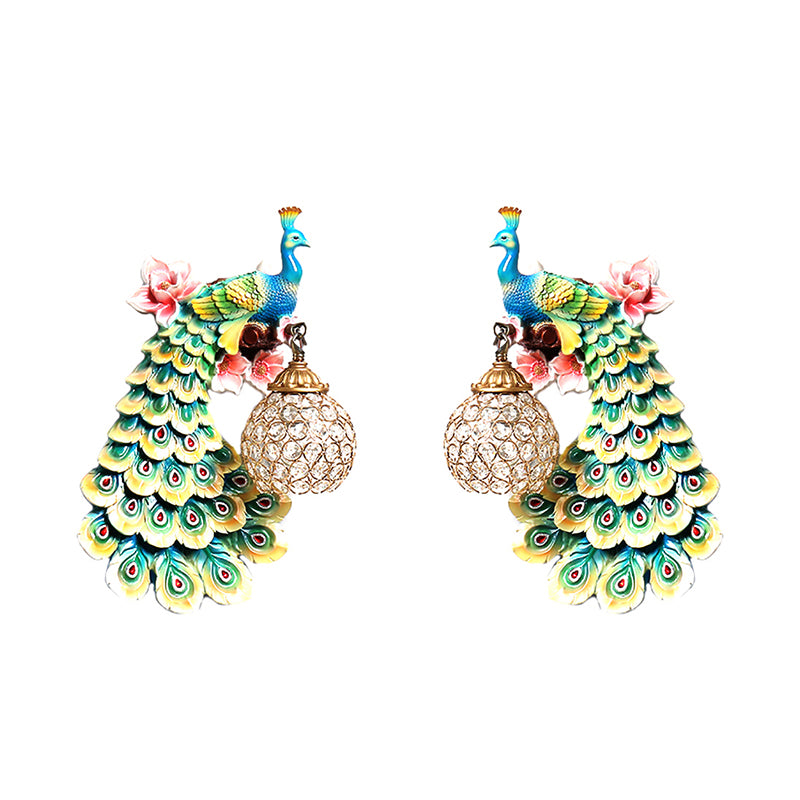 Blue/White Peacock Wall Mounted Light 1 Light Loft Style Resin 1/2-Pack Wall Lamp with Dome Crystal Shade, Double/Right/Left