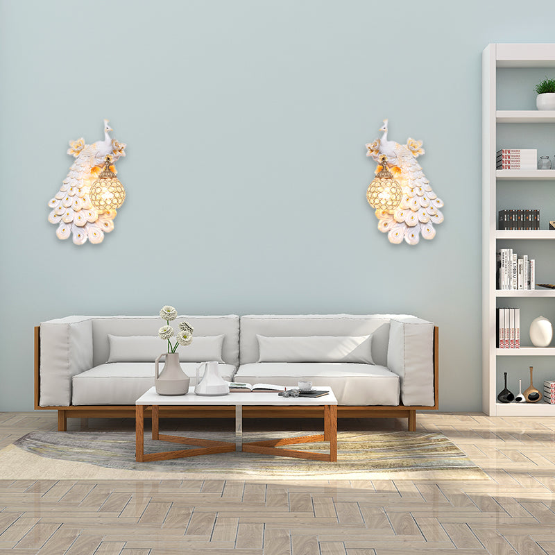 Blue/White Peacock Wall Mounted Light 1 Light Loft Style Resin 1/2-Pack Wall Lamp with Dome Crystal Shade, Double/Right/Left