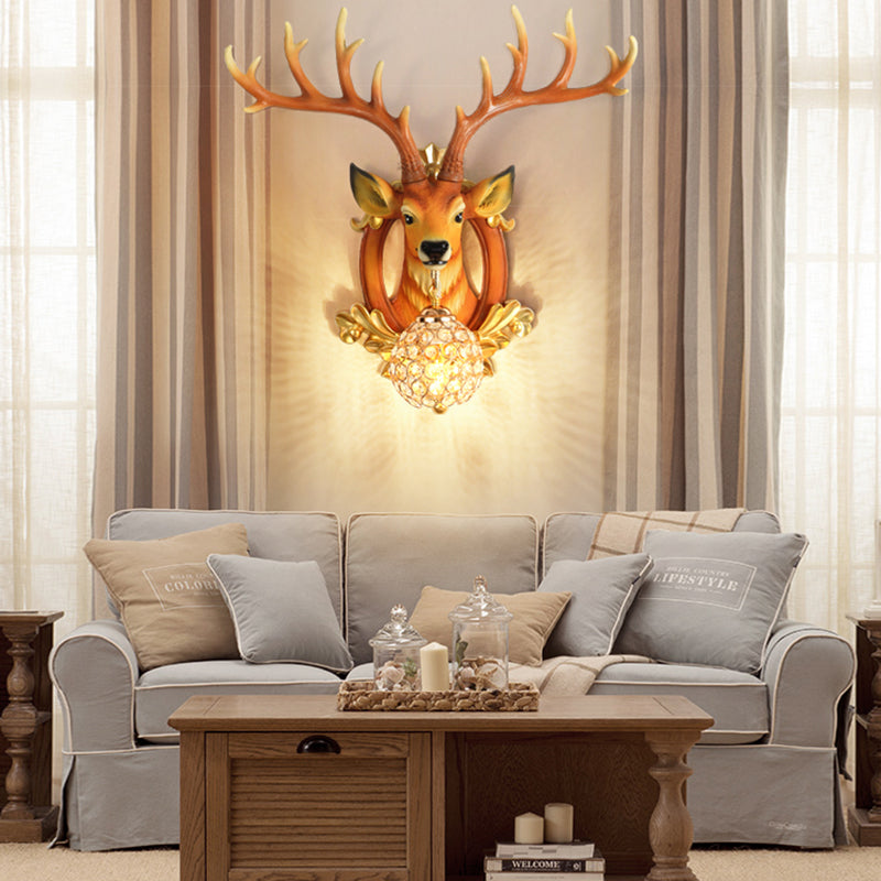 Crystal Ball Shade Wall Lighting with Elk Backplate 1 Light Countryside Sconce Light Fixture in White/Gold