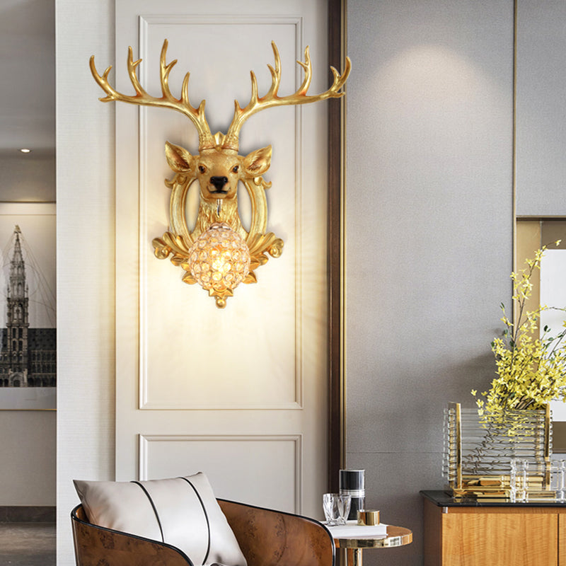Crystal Ball Shade Wall Lighting with Elk Backplate 1 Light Countryside Sconce Light Fixture in White/Gold