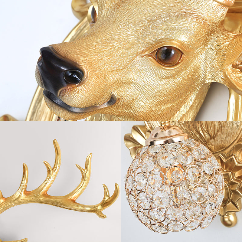 Crystal Ball Shade Wall Lighting with Elk Backplate 1 Light Countryside Sconce Light Fixture in White/Gold