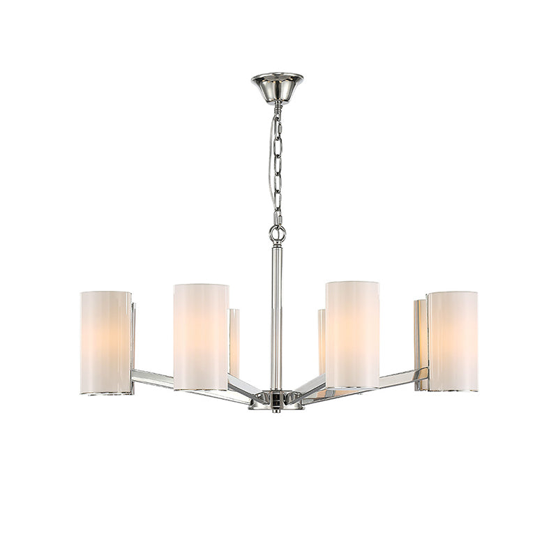 White Glass Cylindrical Chandelier Contemporary 8-Light Silver Ceiling Pedant Lamp with Adjustable Chain