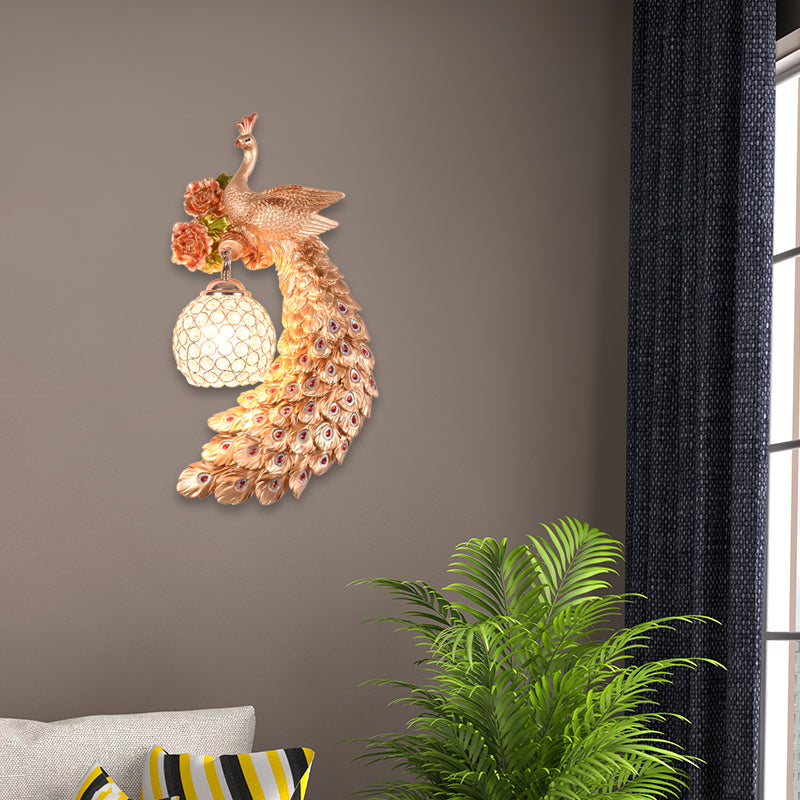 Double/Right/Left Peacock Wall Sconce Loft Style Metal 8"/10" W 1 Bulb Wall Lighting with Dome Crystal Shade in White/Gold