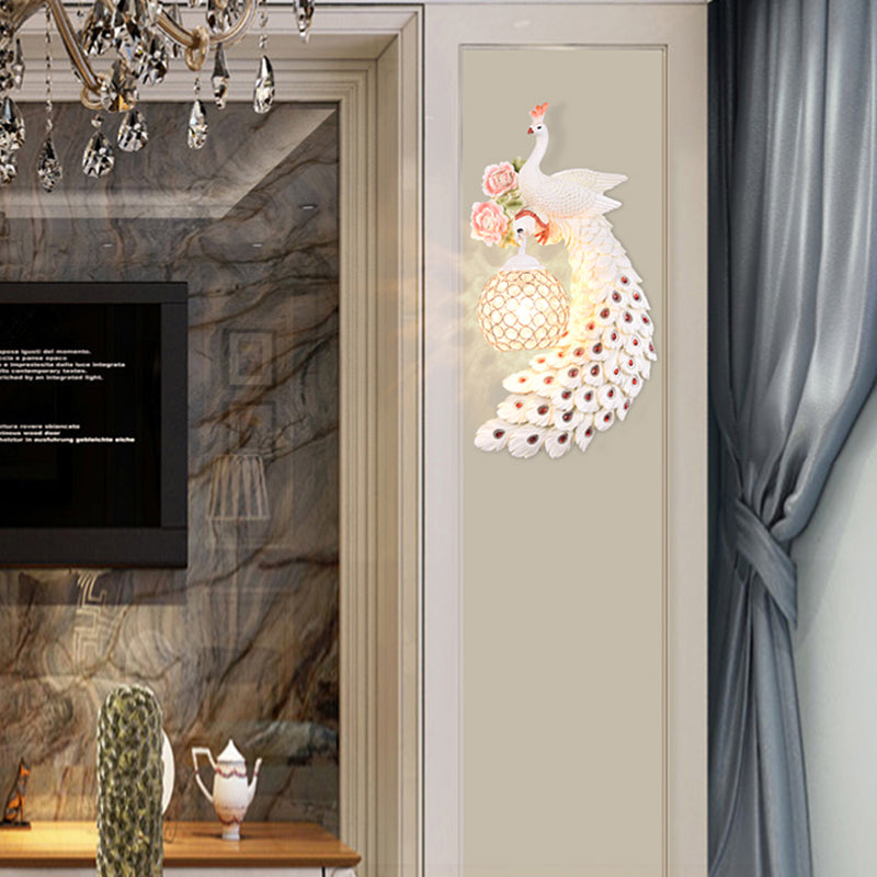 Double/Right/Left Peacock Wall Sconce Loft Style Metal 8"/10" W 1 Bulb Wall Lighting with Dome Crystal Shade in White/Gold
