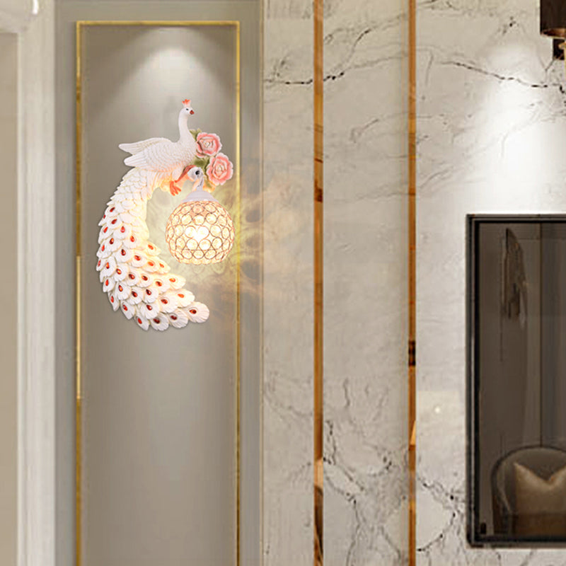 Doble/derecho/izquierdo Peacock pared Squads Stiloft Metal 8 "/10" W 1 Iluminación de pared de bulbo con sombra de cristal de domo en blanco/oro