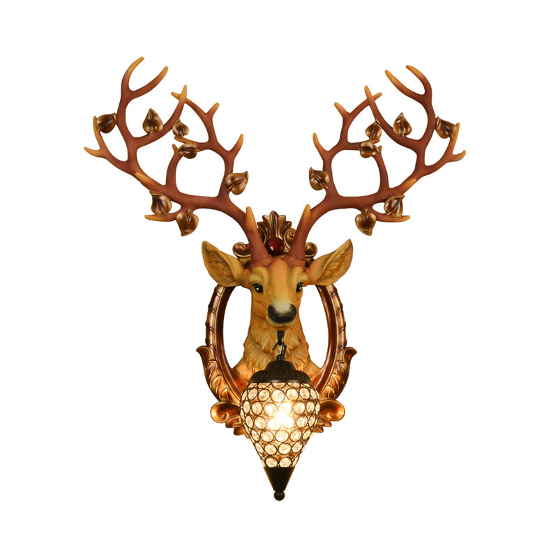 White/Brown Elk Mount Light Country Style Resin 1 Light Wall Donce con sombra de cristal para sala de estar, 19.5 "/23.5" W