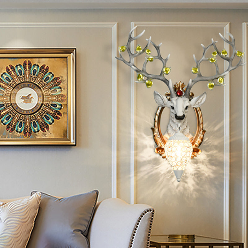 White/Brown Elk Wall Mount Light Country Style Resin 1 Light Wall Sconce with Crystal Shade for Living Room, 19.5"/23.5" W