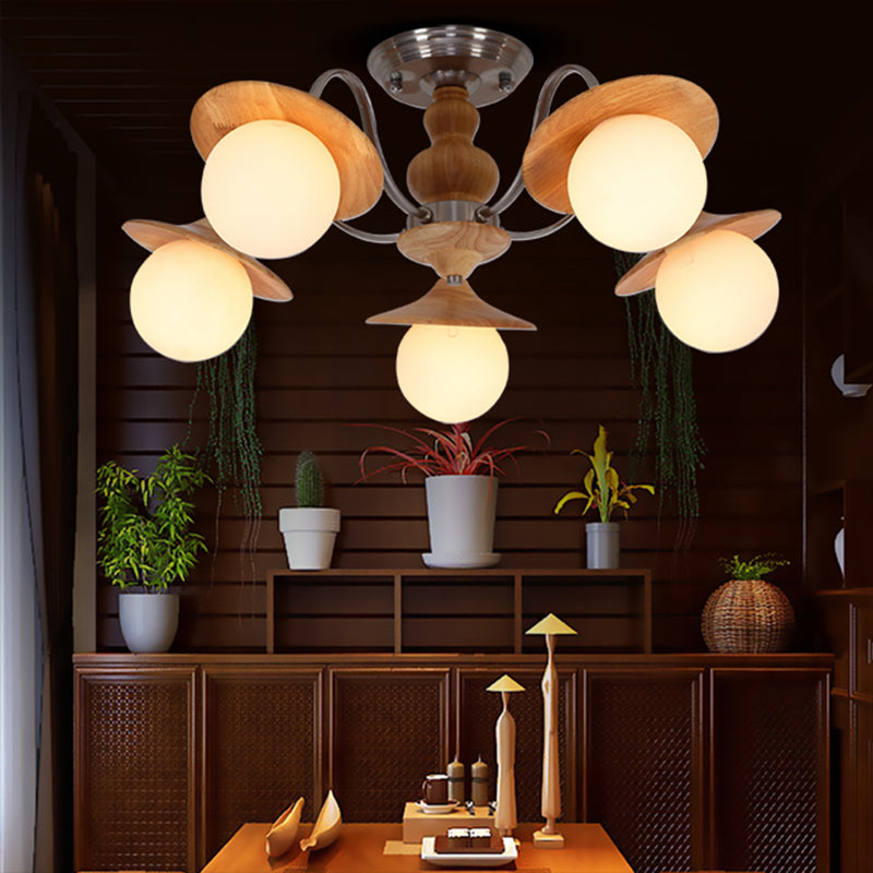Sfera moderna lampadario in vetro bianco a 5 luci Apparecchio a sospensione con cappuccio in legno
