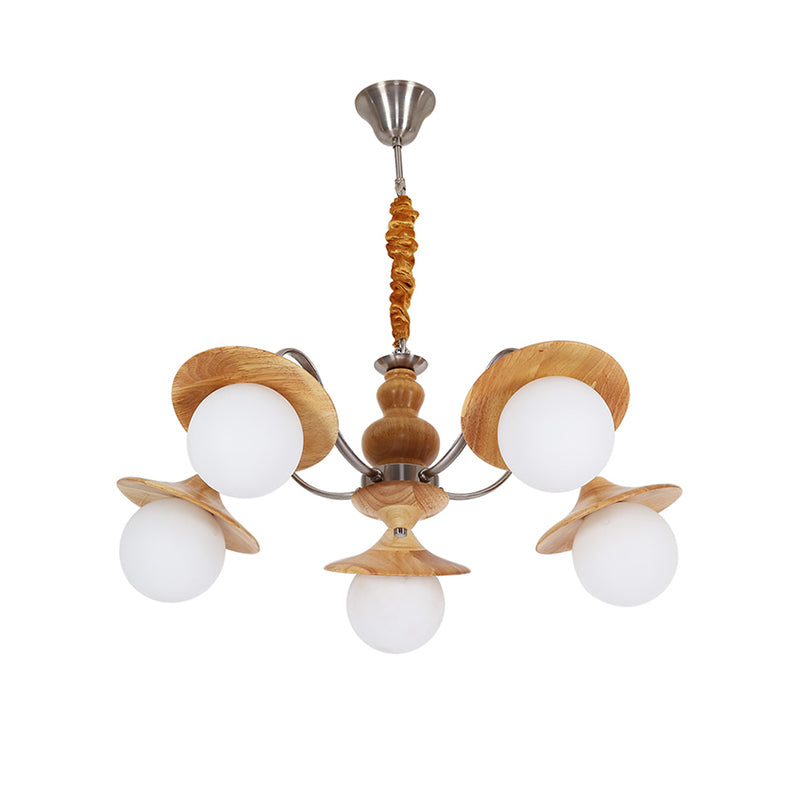 Chandelier en verre blanc moderne 5 lumières Plafait pendentif plafond avec capuchon en bois