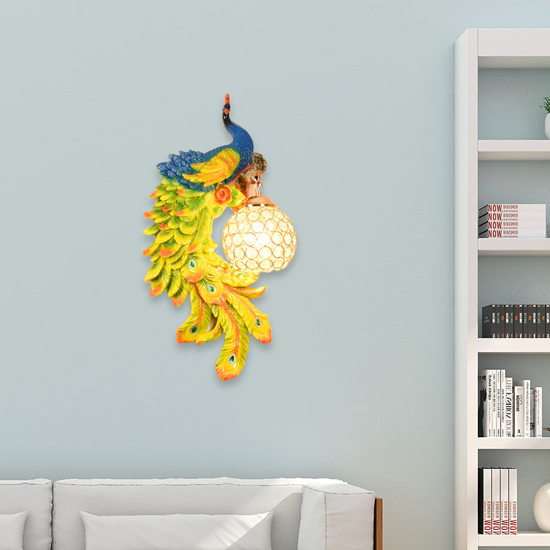 Double/Right/Left Peacock Wall Lamp Country Resin 1 Bulb Sconce Light Fixture with Clear Crystal Shade in White/Blue Finish, 1/2-Pack
