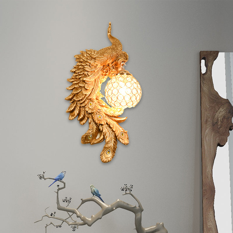 Double/Right/Left Peacock Wall Lamp Country Resin 1 Bulb Sconce Light Fixture with Clear Crystal Shade in White/Blue Finish, 1/2-Pack