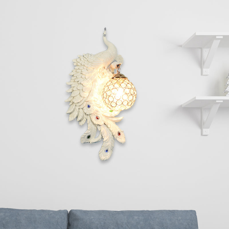 Double/Right/Left Peacock Wall Lamp Country Resin 1 Bulb Sconce Light Fixture with Clear Crystal Shade in White/Blue Finish, 1/2-Pack