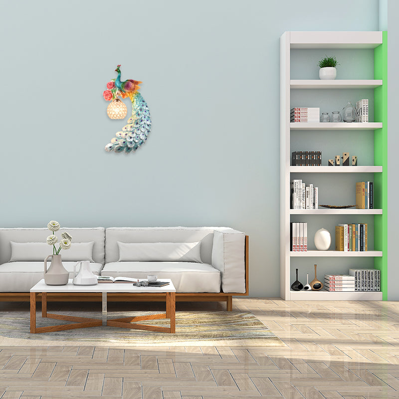 1/2-Pack Blue/Green Peacock Wall Light Fixture 8"/10" Wide 1 Head Retro Style Resin Wall Lamp with Crystal Global Shade, Left/Right