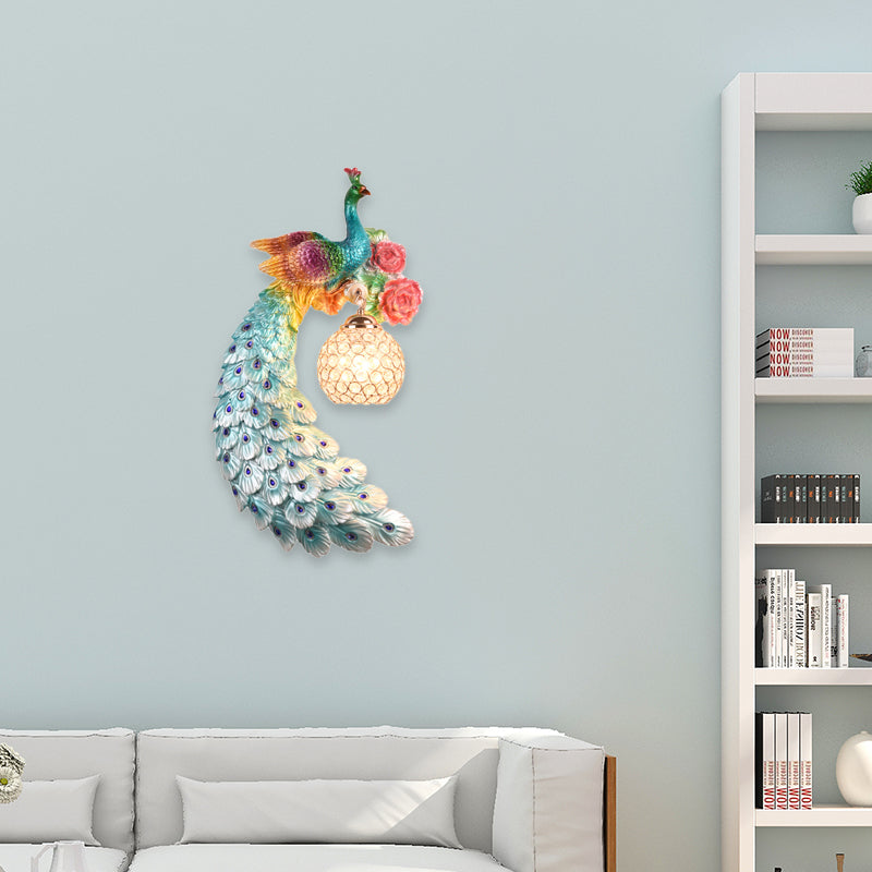 1/2-Pack Blue/Green Peacock Wall Light Fixture 8"/10" Wide 1 Head Retro Style Resin Wall Lamp with Crystal Global Shade, Left/Right