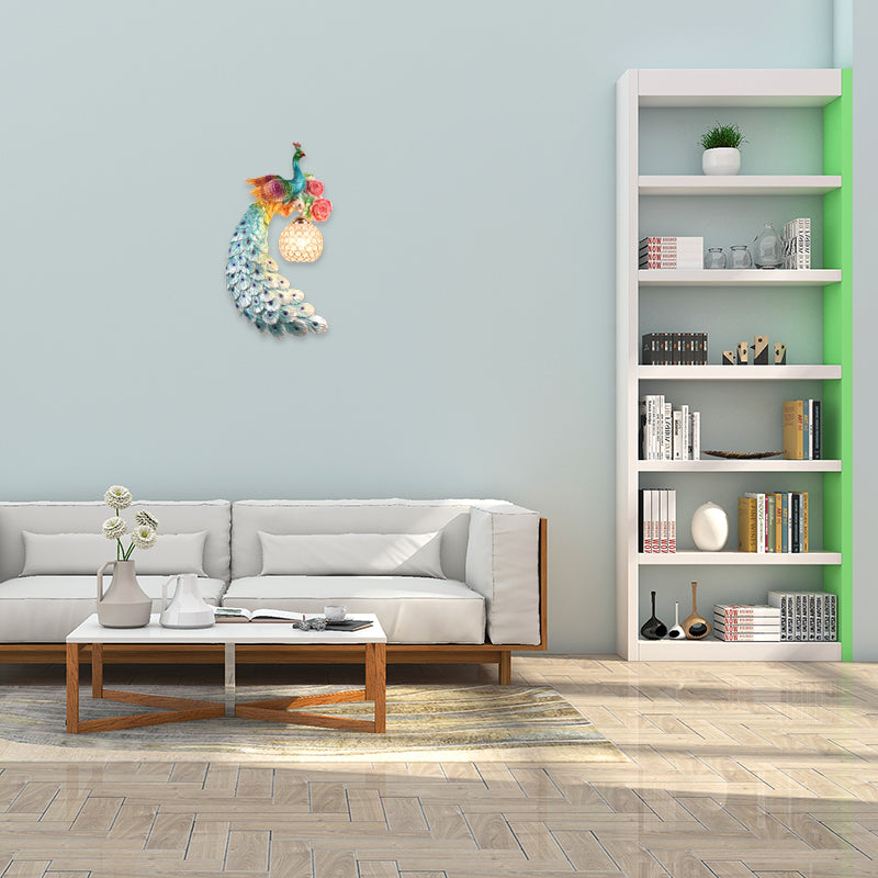 1/2-Pack Blue/Green Peacock Wall Light Fixture 8"/10" Wide 1 Head Retro Style Resin Wall Lamp with Crystal Global Shade, Left/Right